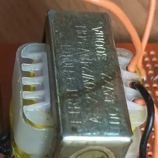 The mains transformer soldered onto stripboard