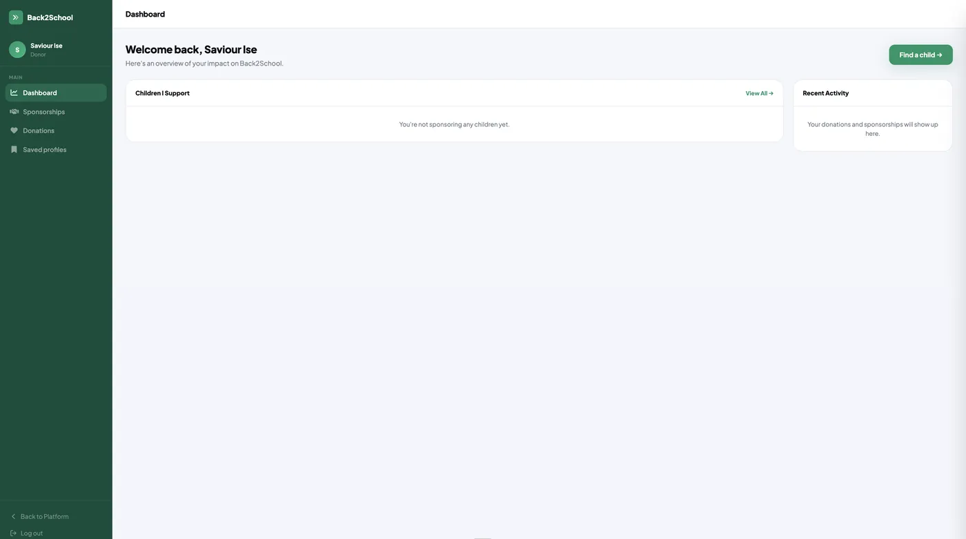 Back2School donor dashboard in its empty state