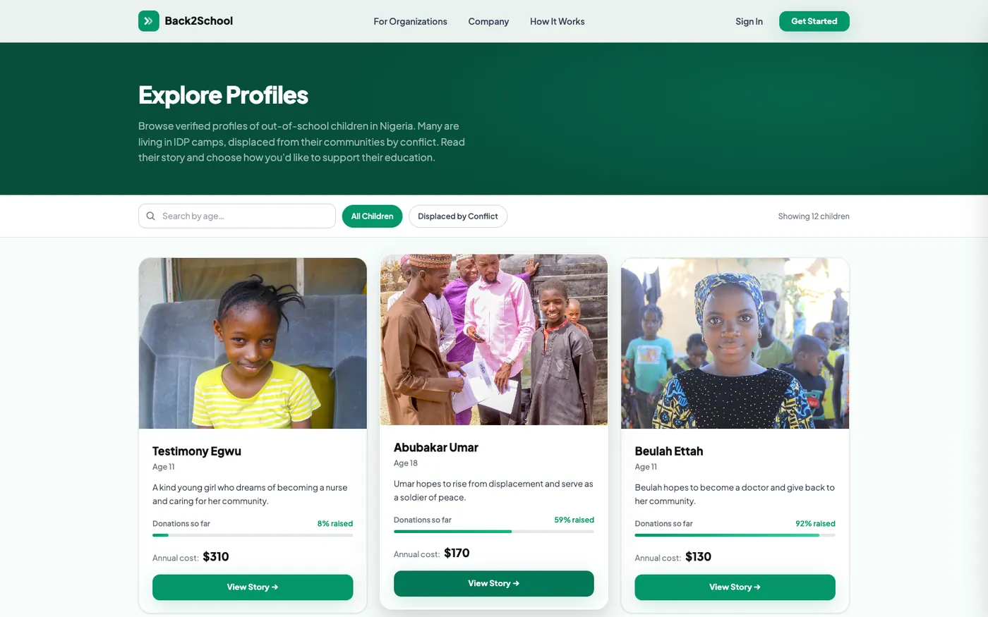 Back2School explore profiles page listing children available for sponsorship