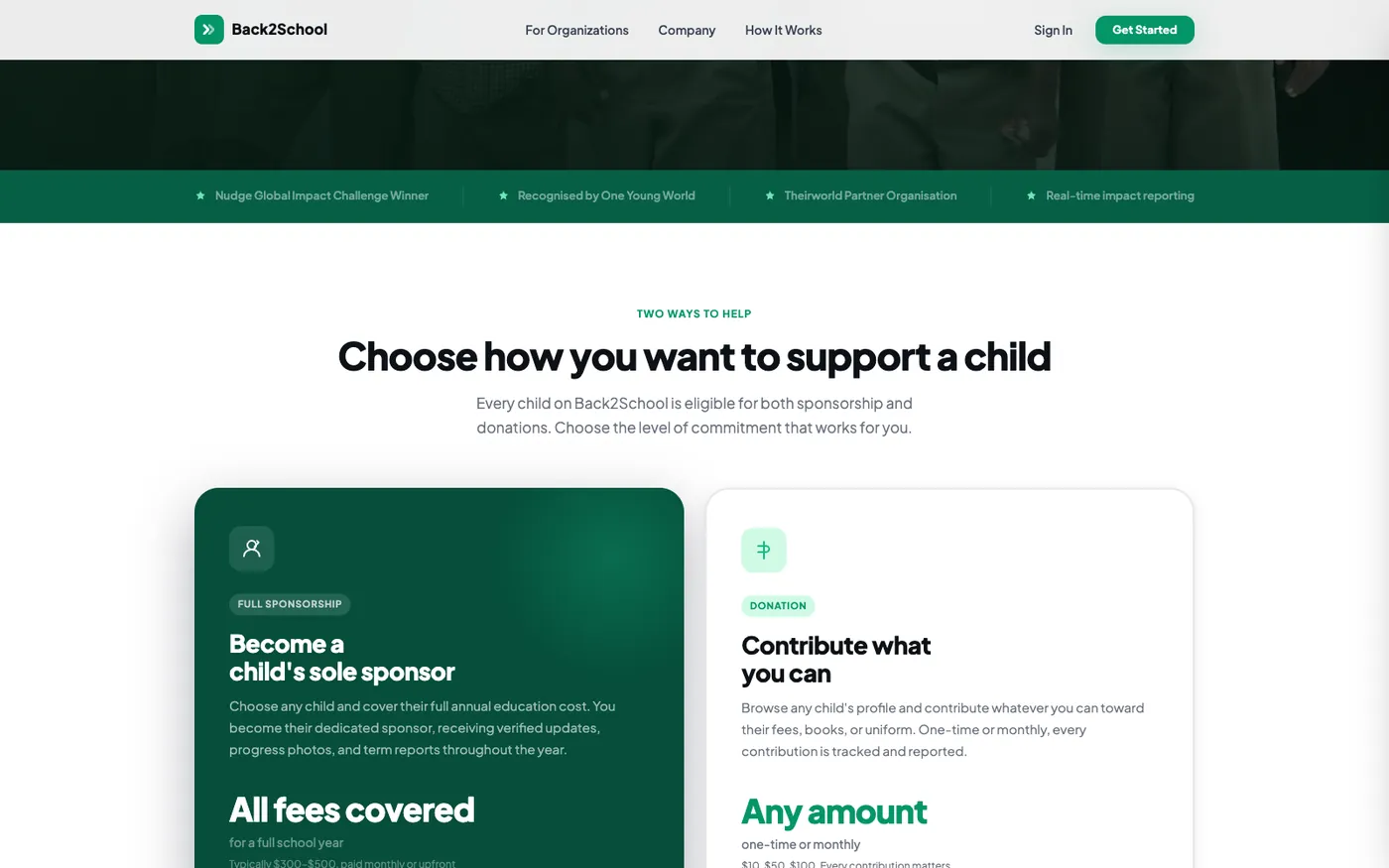 Back2School section offering full sponsorship or a one-off contribution