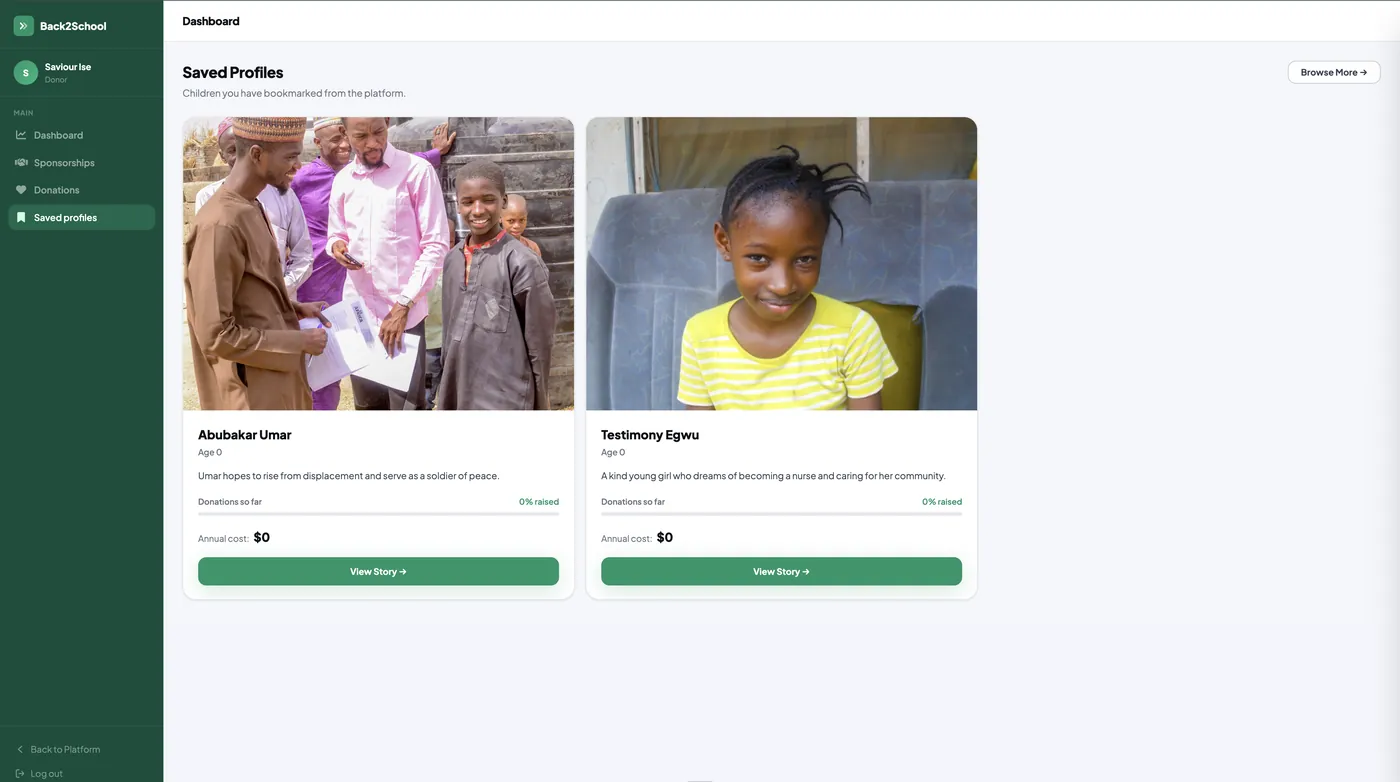Back2School saved profiles page with bookmarked children