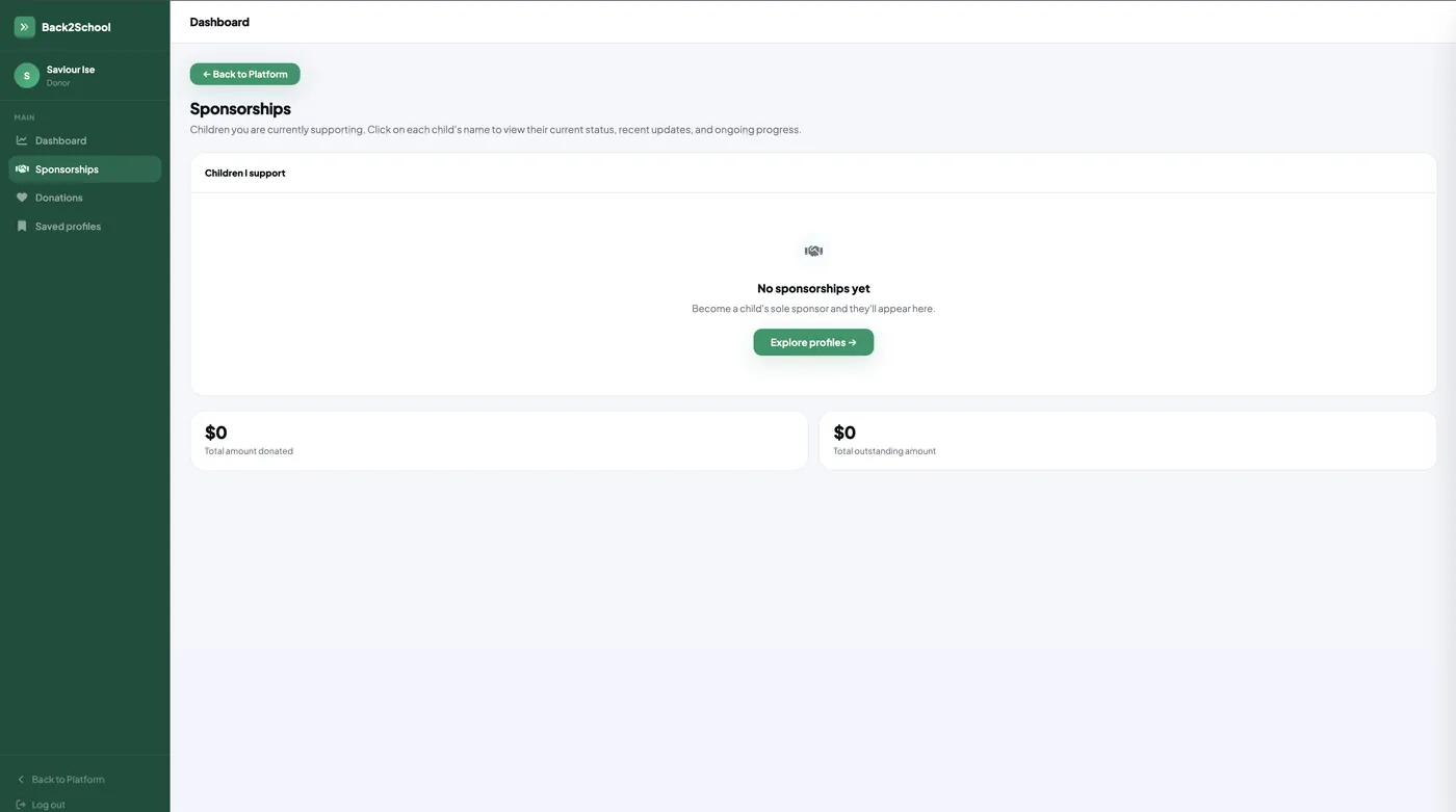 Back2School sponsorships page showing totals and an empty state