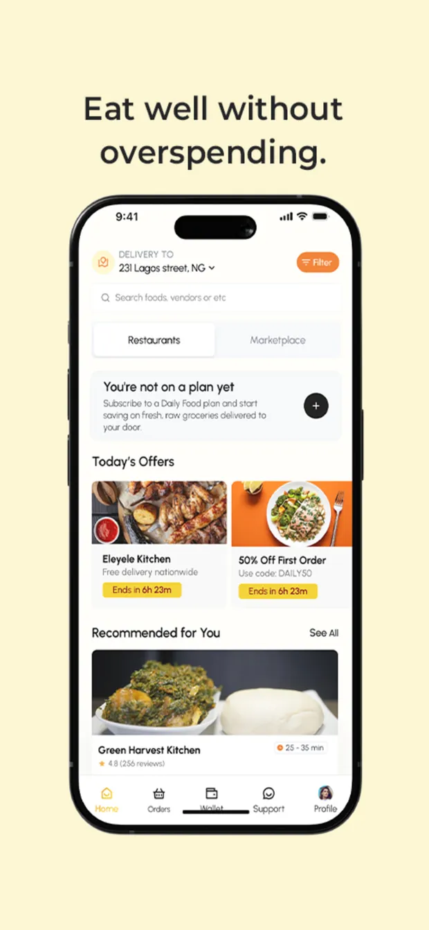 Dailyfood home screen with restaurant and marketplace tabs