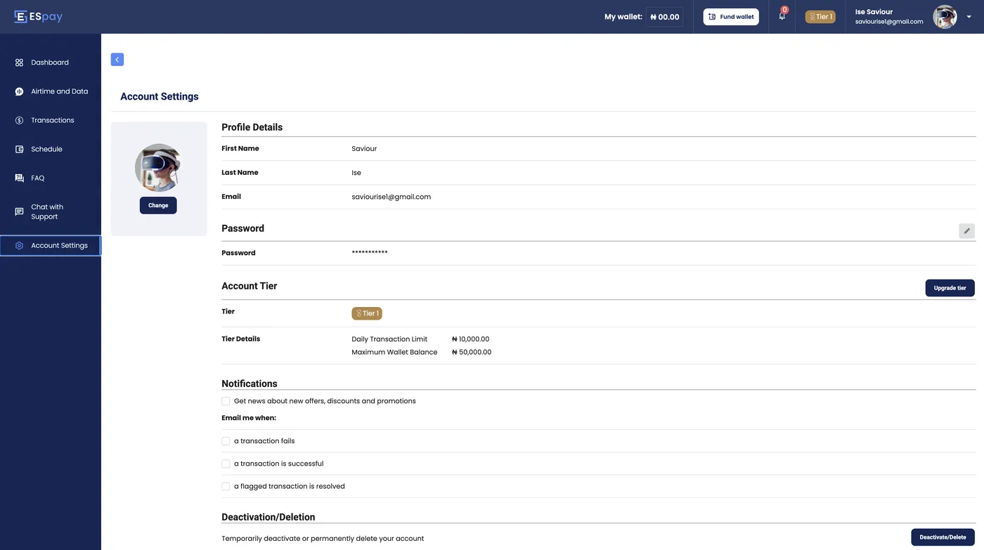 Espay account settings showing tier limits and notification preferences