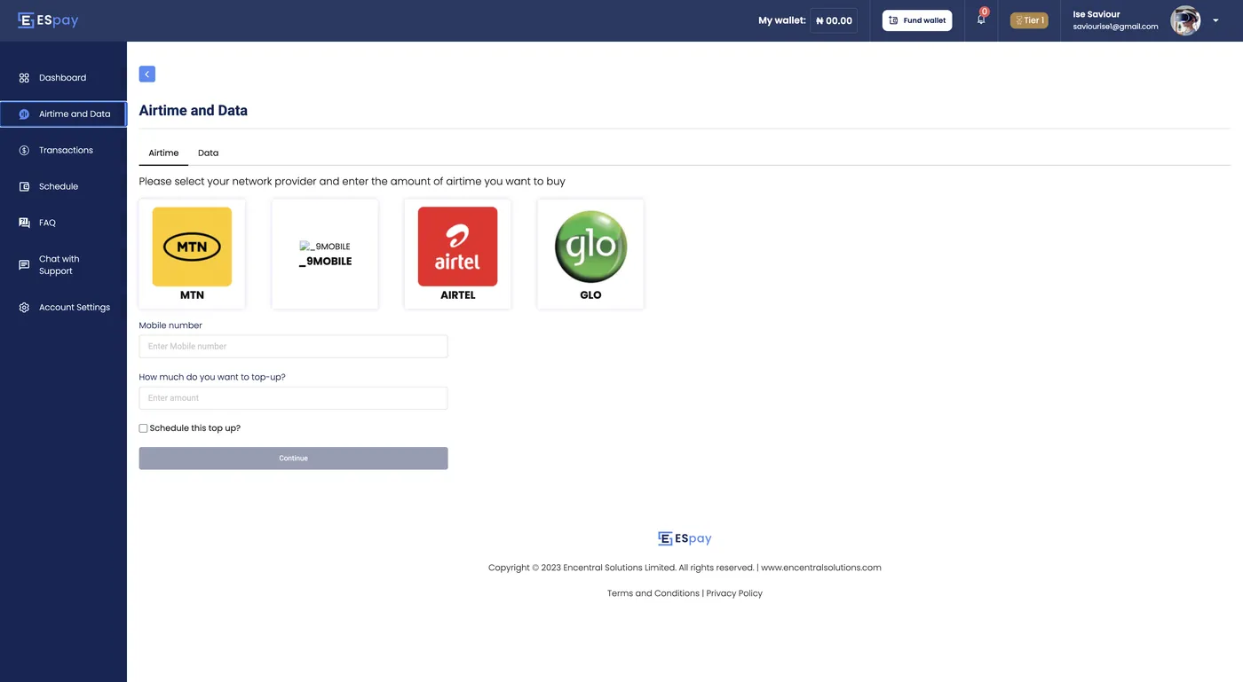 Espay airtime purchase flow with network selection and amount