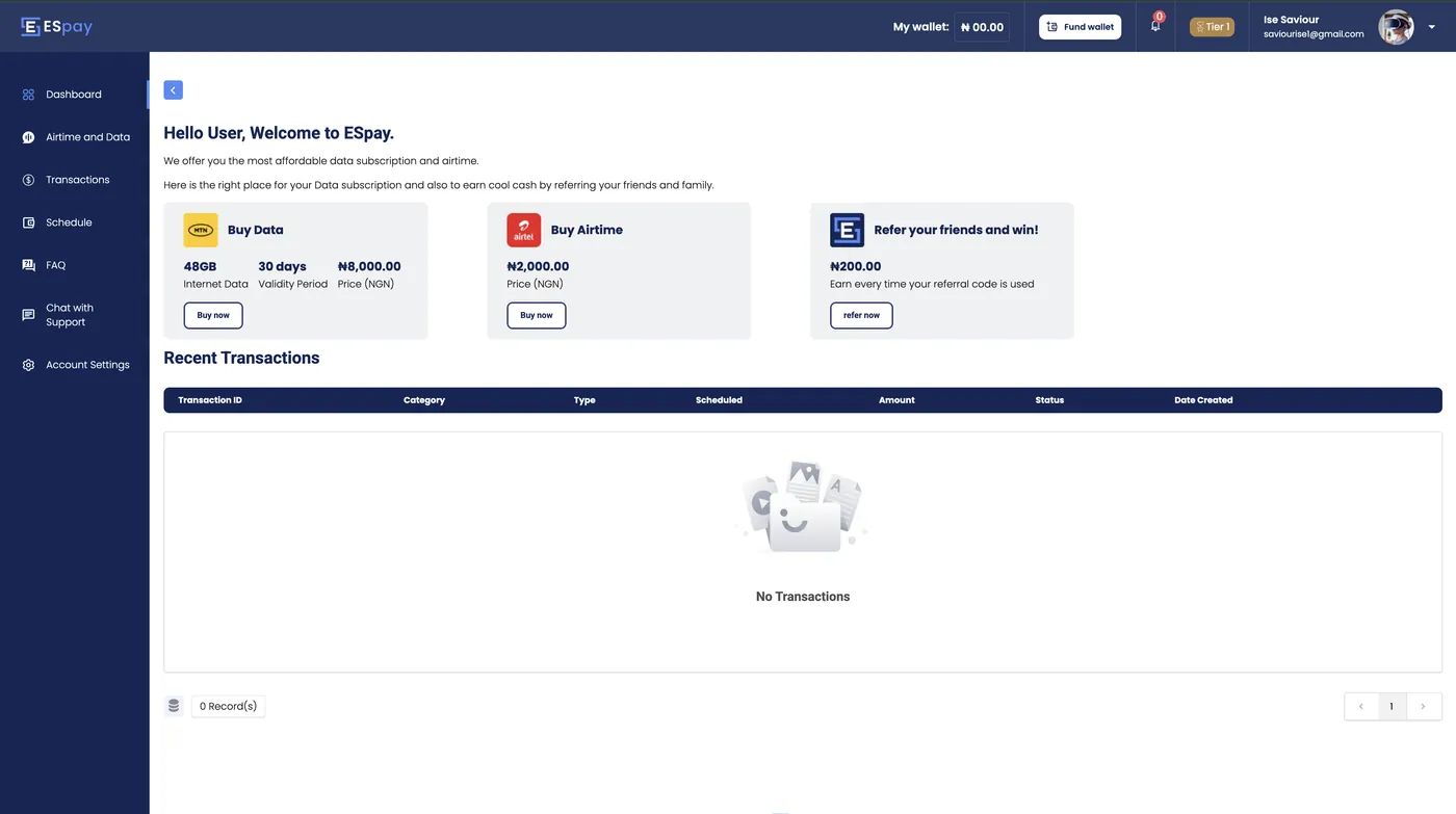 Espay dashboard with wallet balance, purchase cards and transaction history