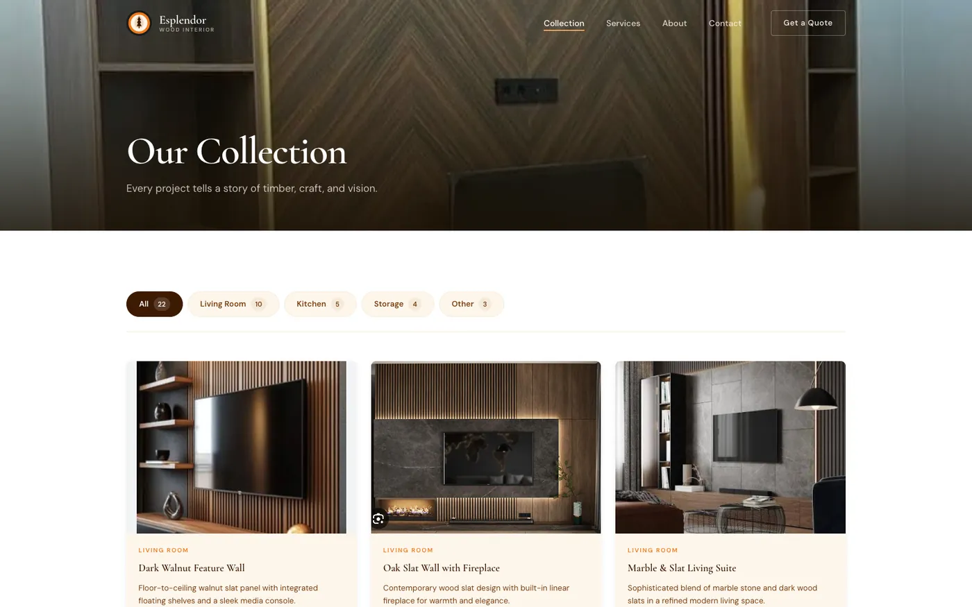 Esplendor collection page with room filters and project grid