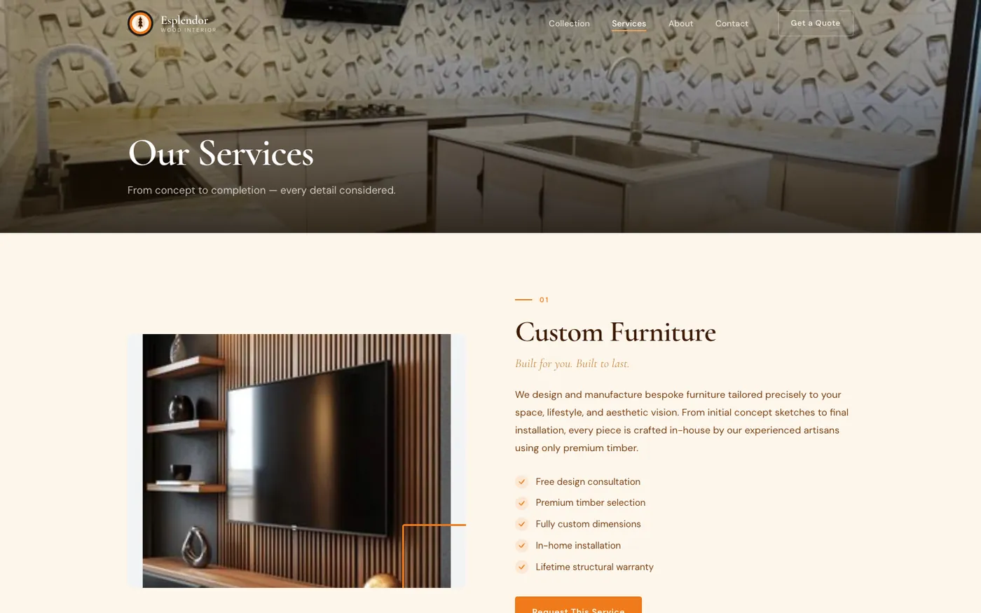 Esplendor services page detailing custom furniture