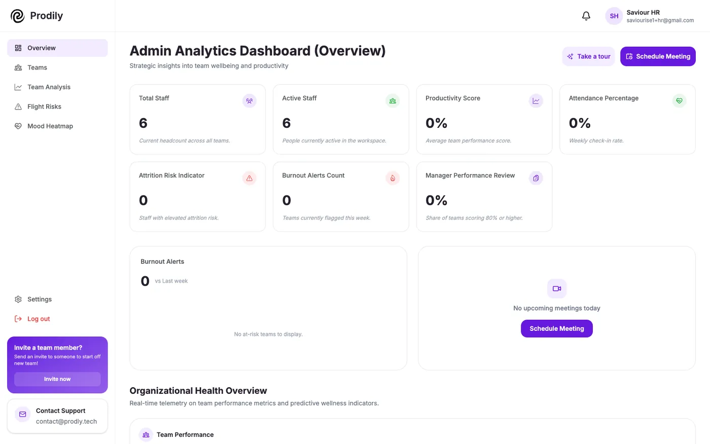 Prodily admin analytics dashboard showing staff, productivity, attrition risk and burnout alerts