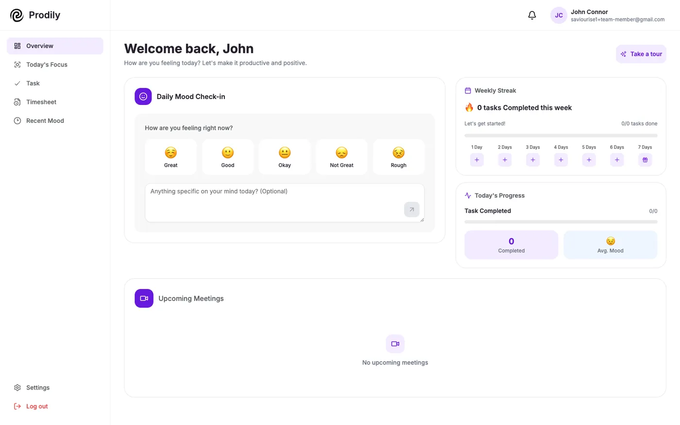 Prodily team member dashboard showing personal tasks and mood tracking