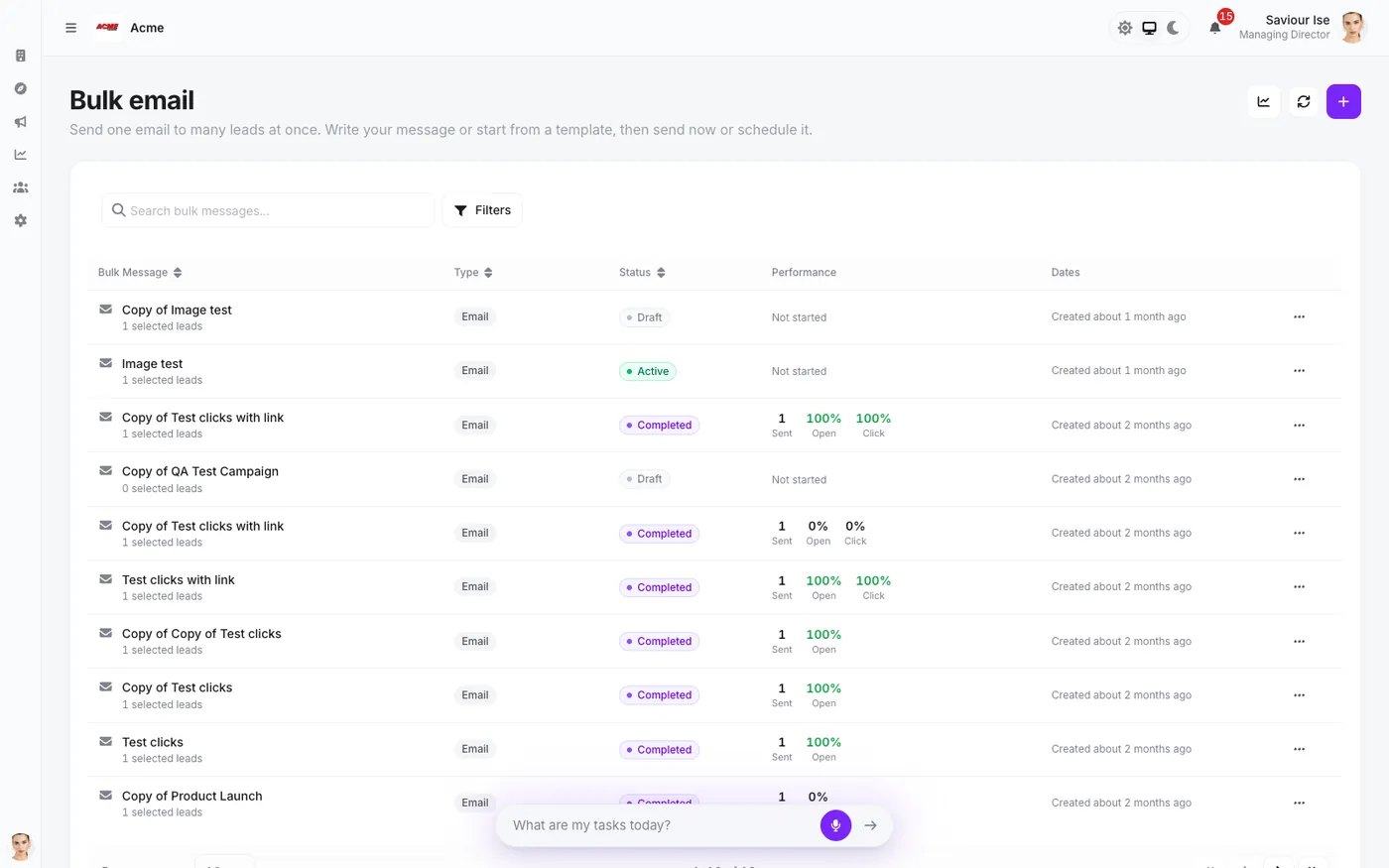 Xyora bulk email campaign list with delivery and open rates