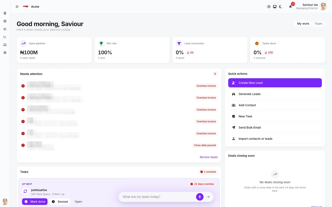 Xyora workspace overview with pipeline figures, overdue invoices and a task queue
