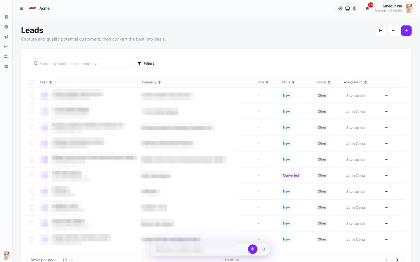 Xyora leads table with status, source and owner columns