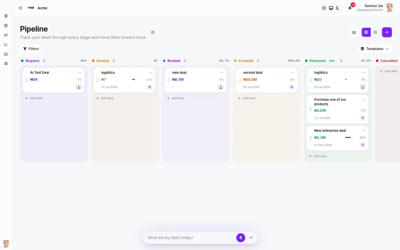 Xyora pipeline kanban board with deals grouped by stage